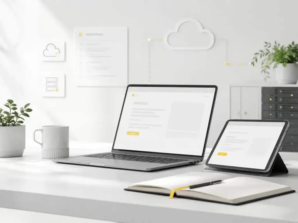 Moderne werkplek met laptop en tablet voor registratie bij een IT- en hostingplatform