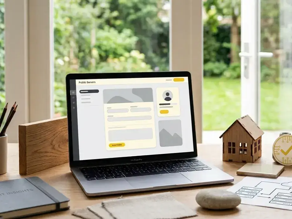 Laptop op een houten bureau met een aanmeldinterface en professionele werkdetails voor een IT- en hostingplatform.