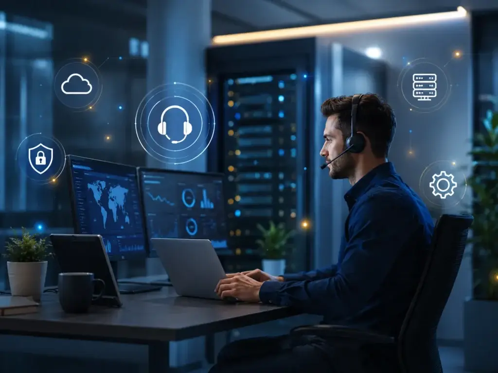 IT-specialisten bespreken technische vragen en controleren servers in een moderne hostingomgeving