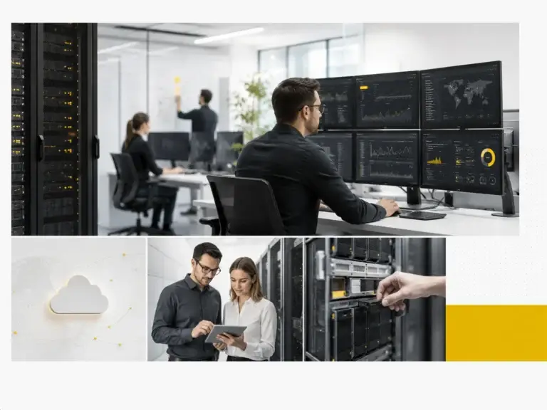 IT-specialisten monitoren servers, prestaties en hostingdiensten vanuit een moderne controlekamer