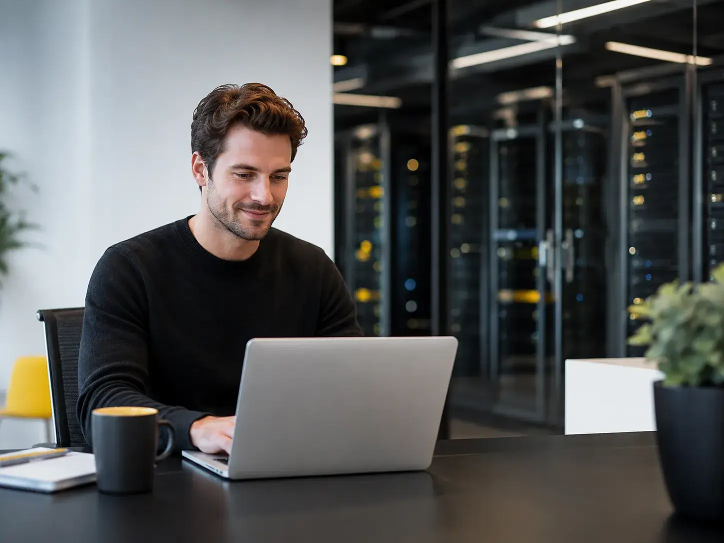 IT-professional registreert zich via een laptop in een moderne serveromgeving