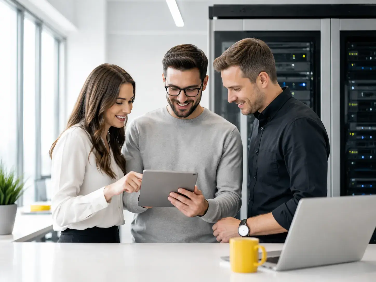Team van IT-specialisten bespreekt nieuwe bijdragen en kennis over hosting en servers
