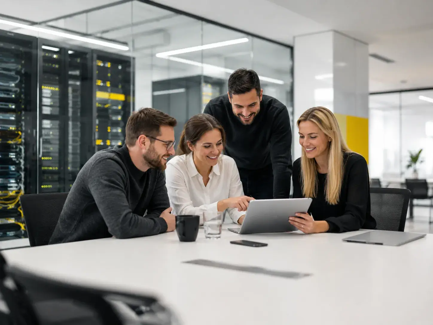 IT-professionals bespreken gezamenlijk hosting, cloudoplossingen en digitale infrastructuur