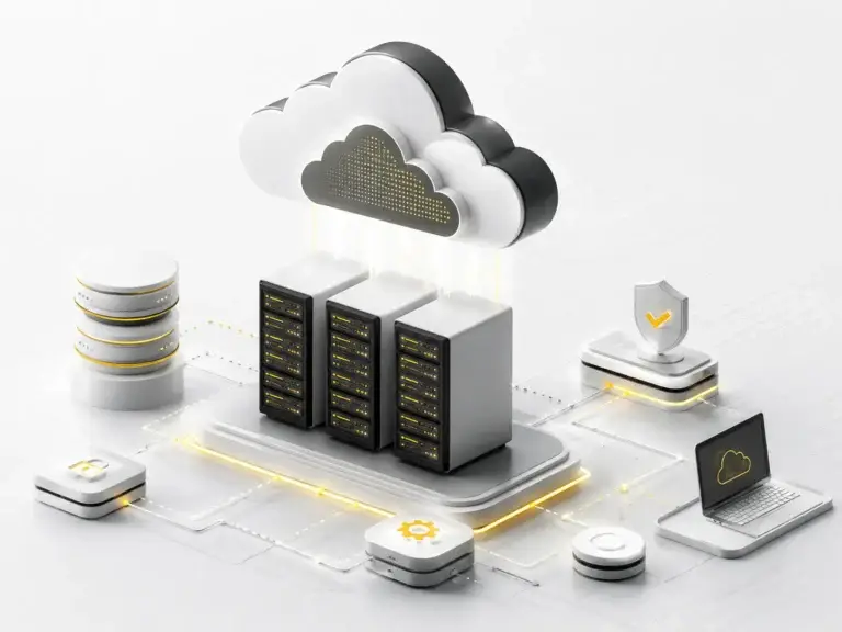 Moderne cloudinfrastructuur met servers, databack-up, beveiliging en verbonden digitale systemen