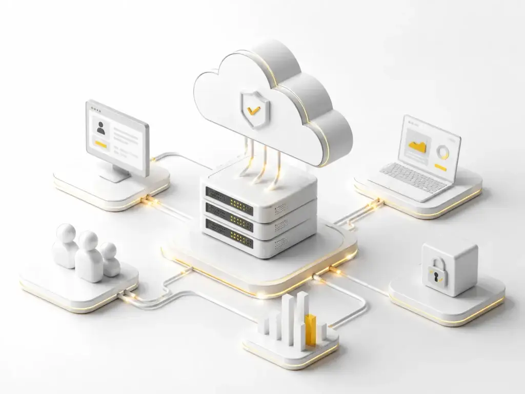 Beveiligde cloudinfrastructuur met gebruikersaccount, servers en digitale registratieomgeving