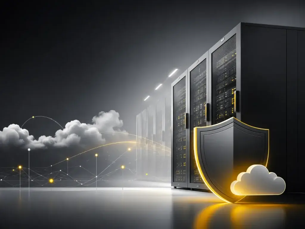 Beveiligde serveromgeving met cloud hosting, netwerkverbindingen en digitale infrastructuur
