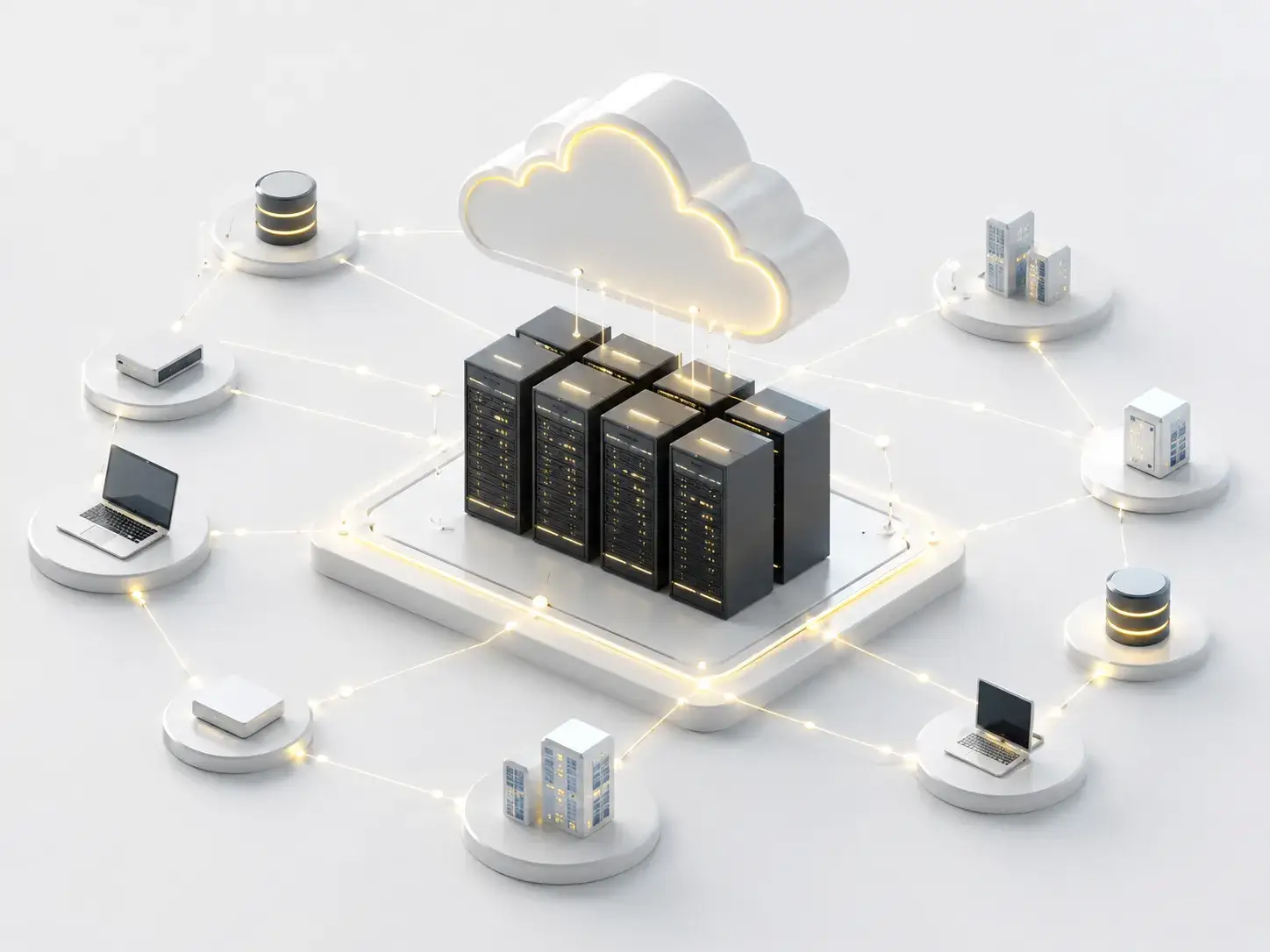 Cloudplatform met servers en verbonden systemen als symbool voor samenwerking binnen IT en hosting